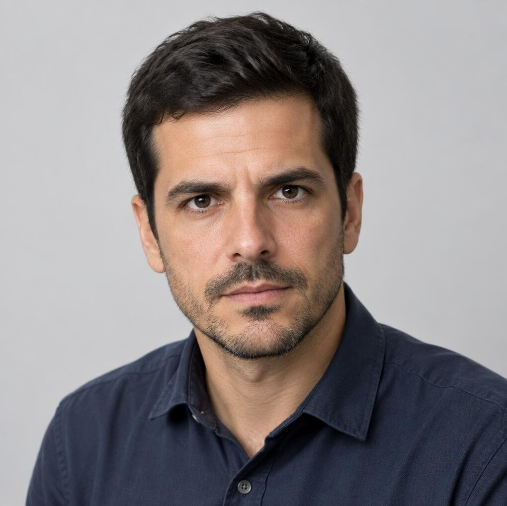 Studio portrait of a Portuguese man investigative reporter in his thirties